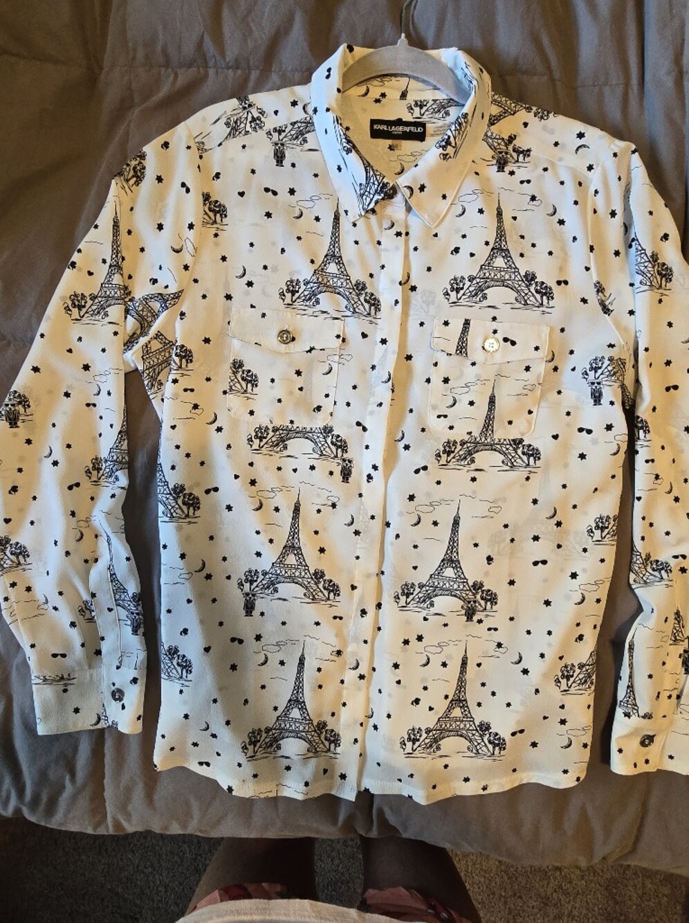 Karl Lagerfeld White Button-Down Blouse with Black Eiffel Tower Print
